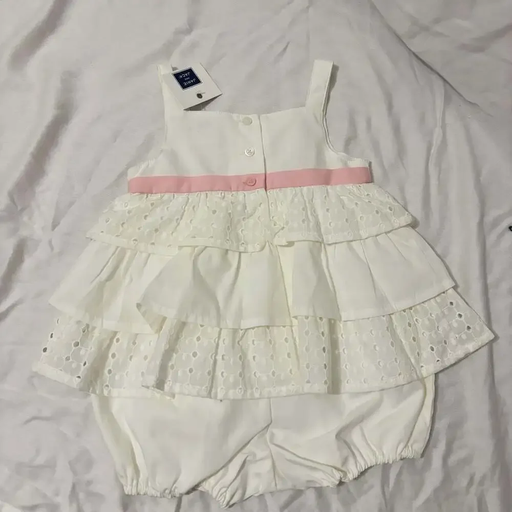 Janie and Jack White Eyelet Ruffle Bloomer Romper with Pink Bow